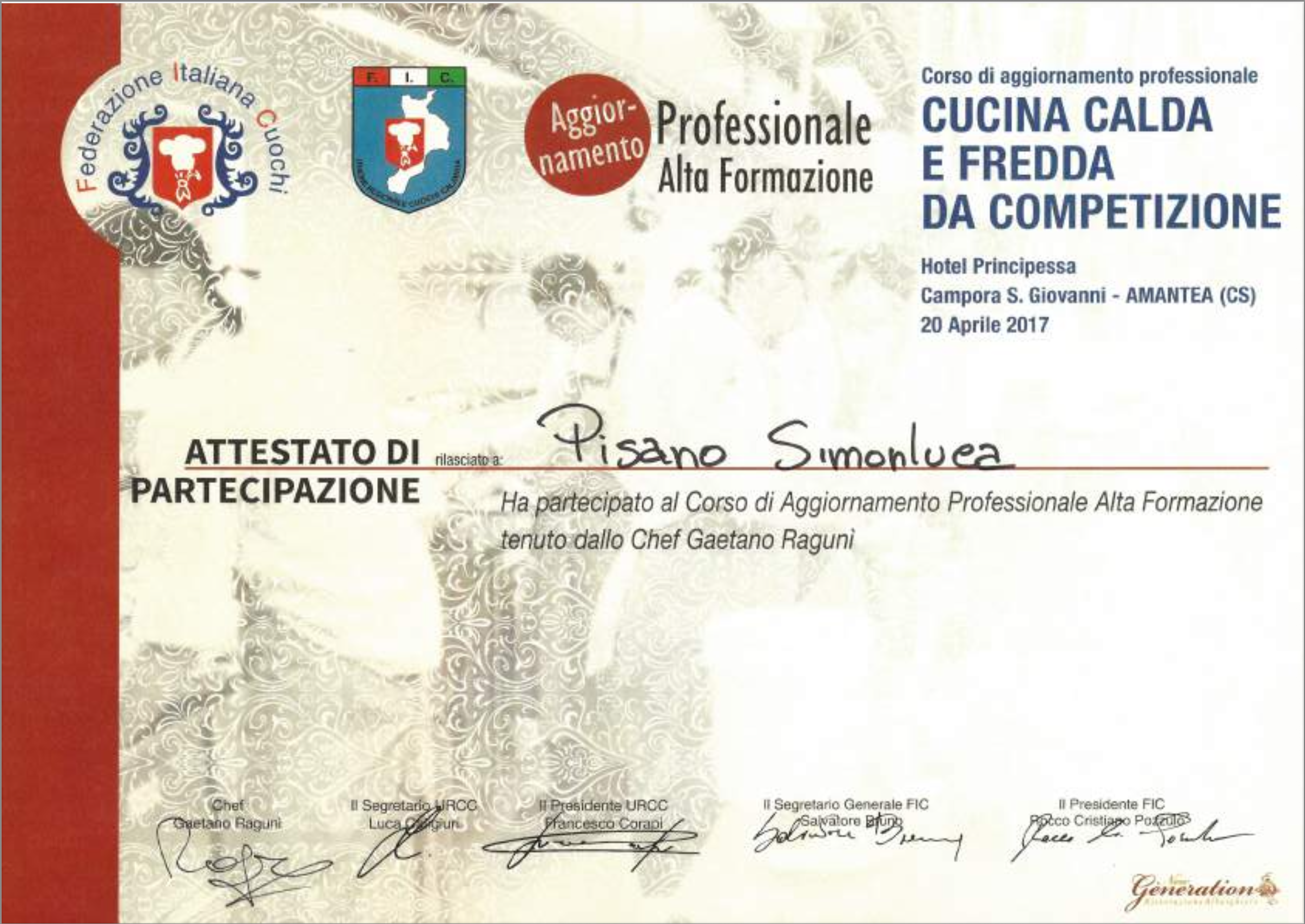 Certificato Cucina calda e fredda da competizione