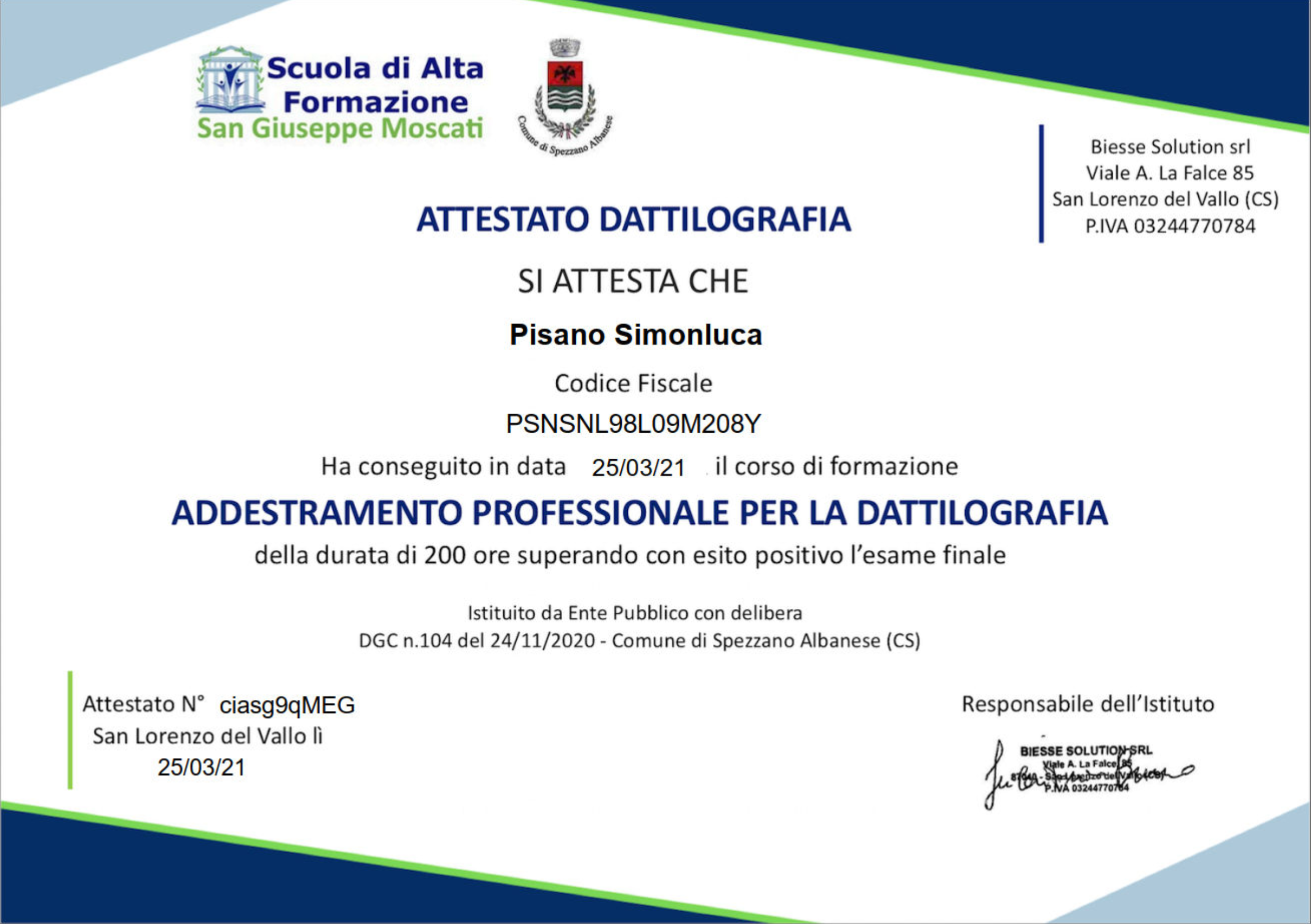 Certificato Dattilografia