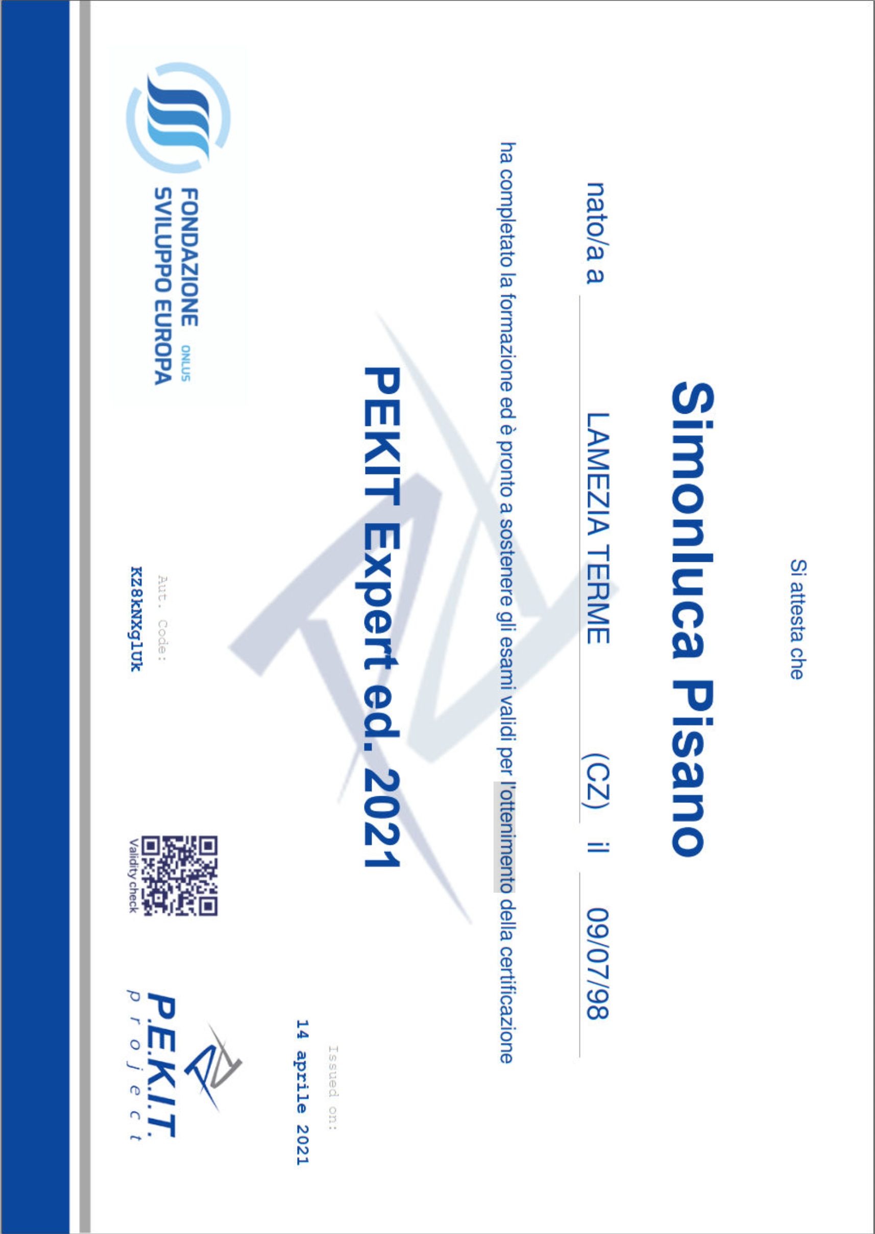 Certificato Pekit Expert