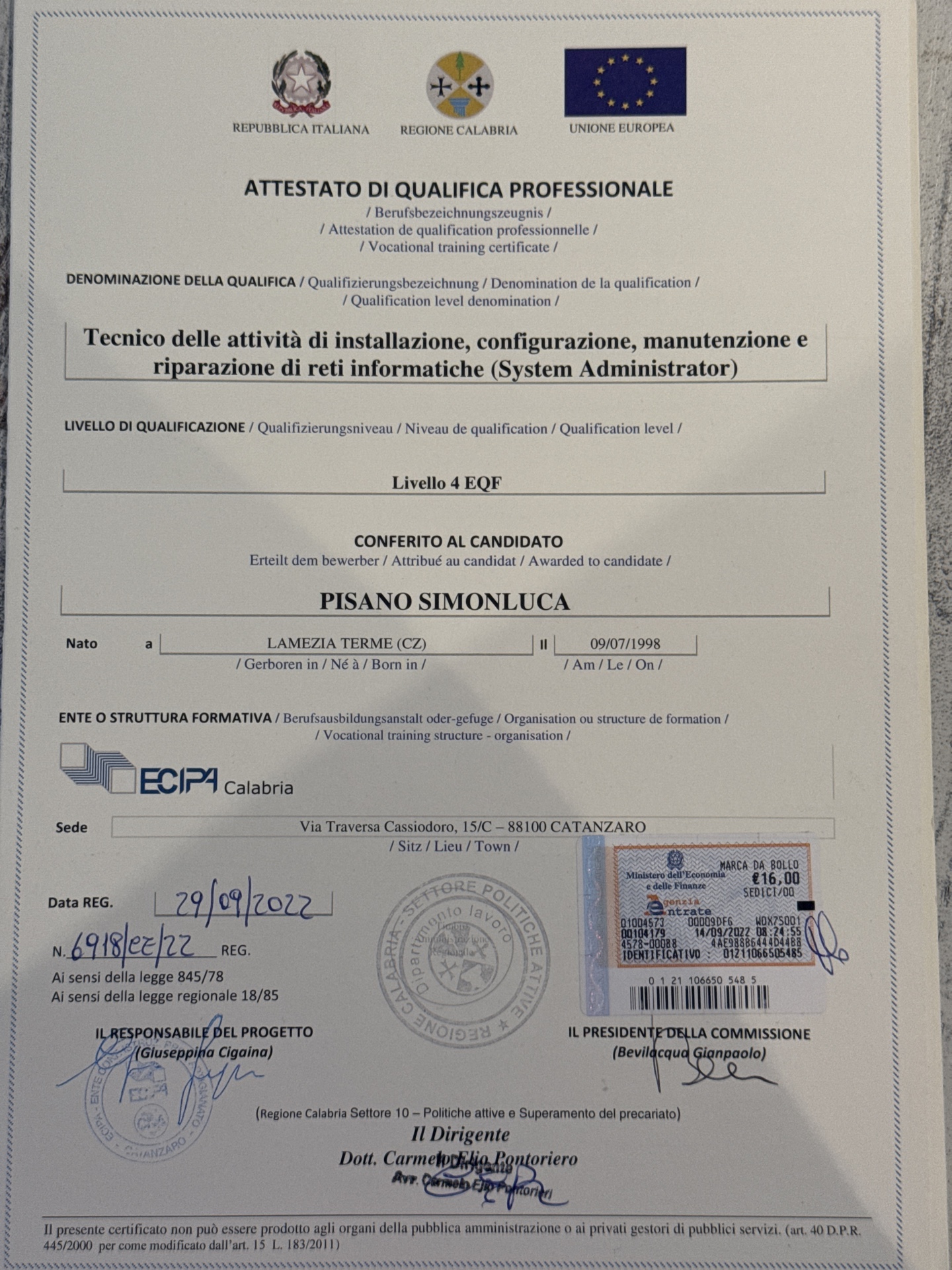Pagina Certificato System Administrator