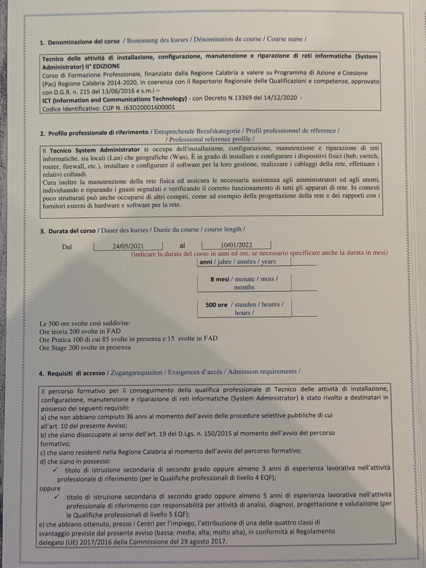 Pagina Certificato System Administrator