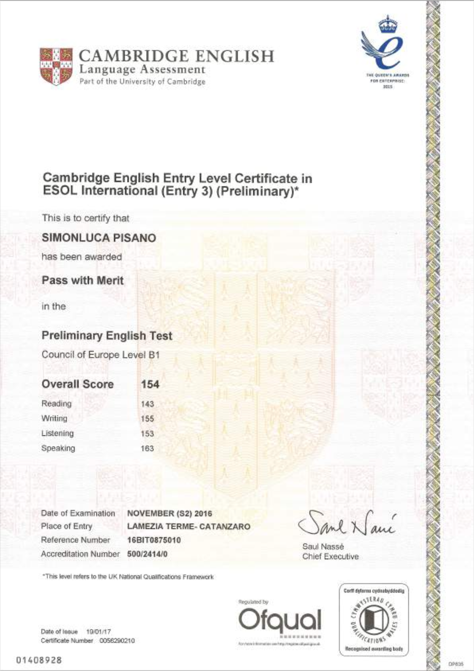 Pagina Certificato Cambridge B1