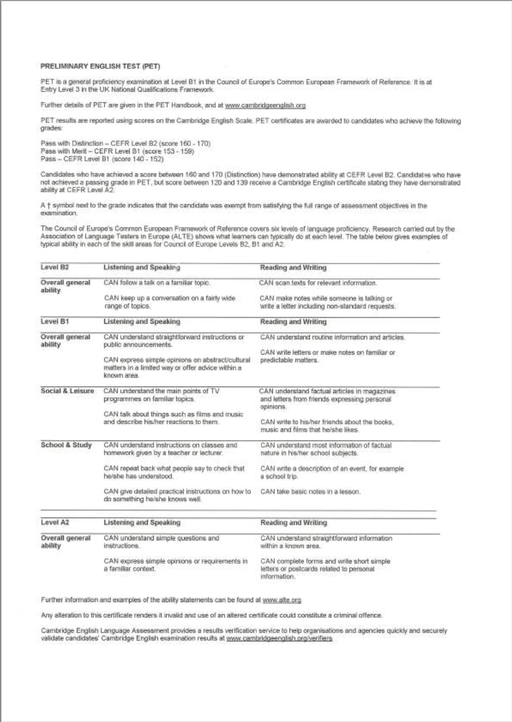 Pagina Certificato Cambridge B1
